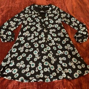 Express Black Floral Swing Dress with Teal & White Daisies